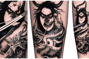 beautiful girl wearing oni mask on half her face wielding a katana in which a dragon comes out of tattoo idea