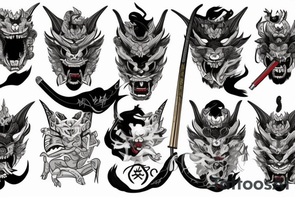 beautiful girl wearing oni mask on half her face wielding a katana in which a dragon comes out of tattoo idea