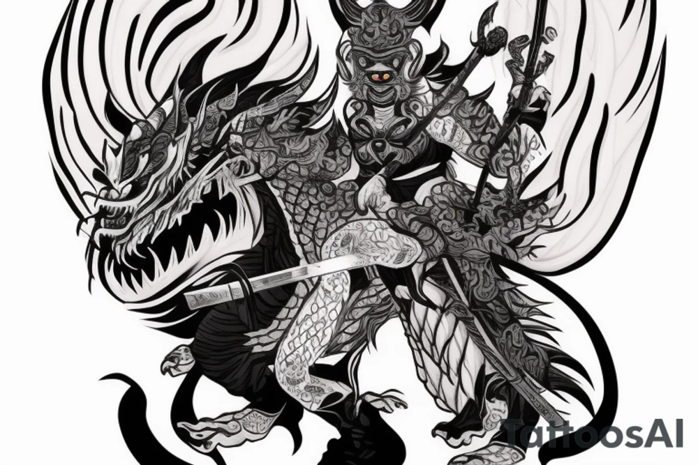 beautiful girl wearing oni mask on half her face wielding a katana in which a dragon comes out of tattoo idea