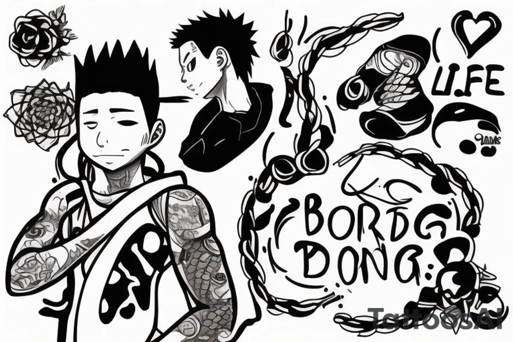 Tattoo with shikamaru from naruto anime. With words "life is boring" tattoo idea