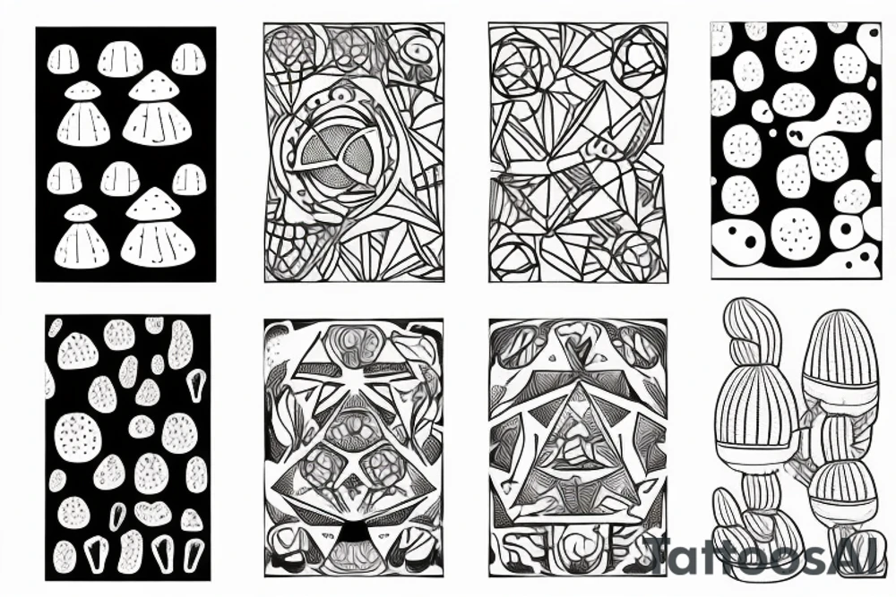 Blackwork mushroom and cactus with organic geometric patterns tattoo idea