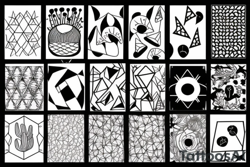 Blackwork mushroom and cactus with organic geometric patterns tattoo idea