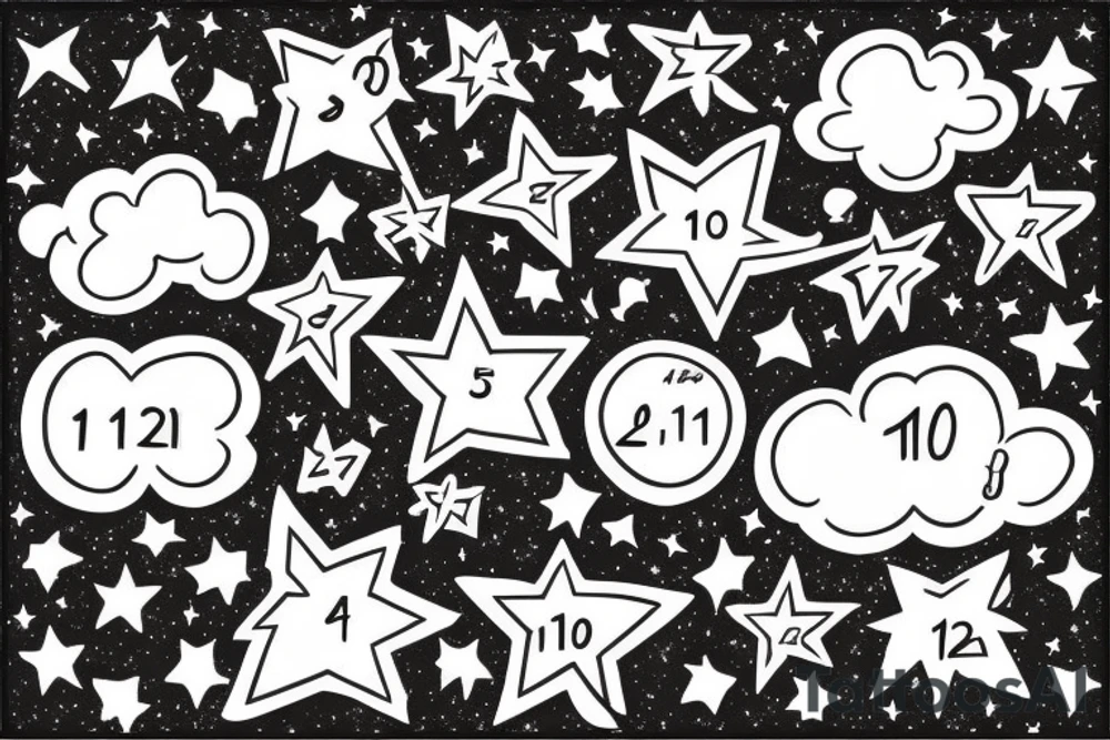 clouds, small stars, includes the numbers 4, 10, 24, 12 in that order tattoo idea