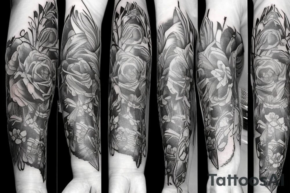 a forearm tattoo sleeve, including one crow, florals, and music elements tattoo idea