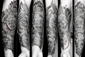 a forearm tattoo sleeve, including one crow, florals, and music elements tattoo idea