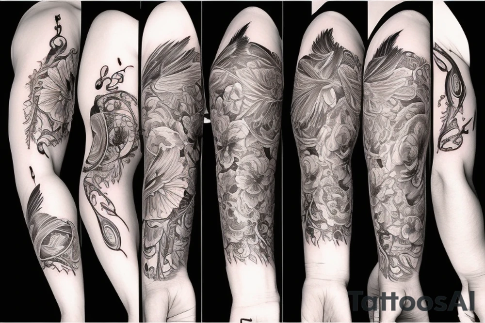 a forearm tattoo sleeve, including one crow, florals, and music elements tattoo idea
