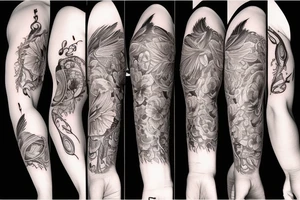 a forearm tattoo sleeve, including one crow, florals, and music elements tattoo idea
