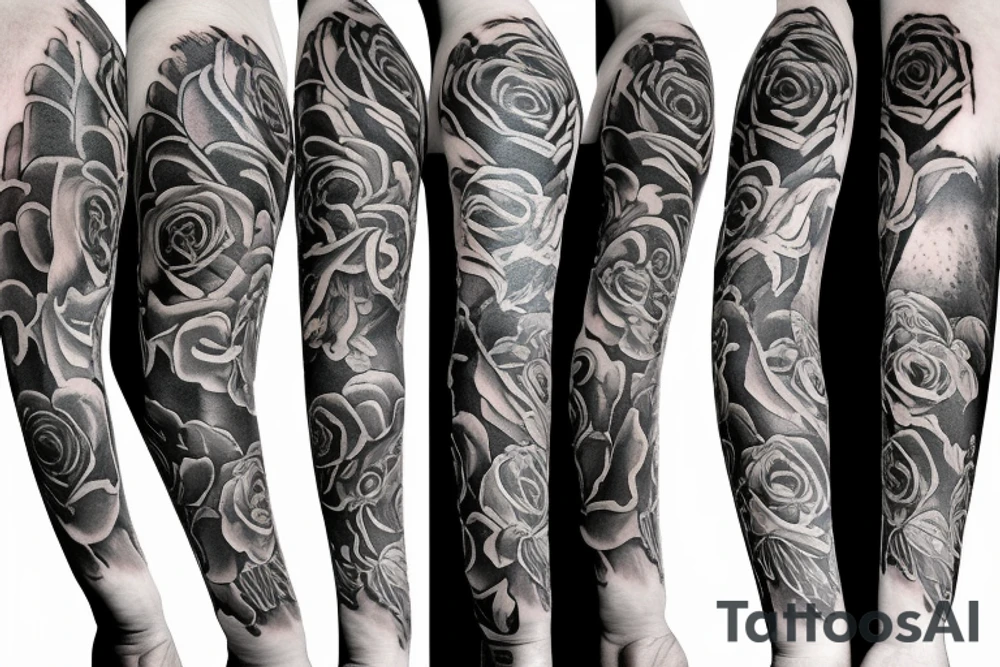a forearm tattoo sleeve, including one crow, rose florals, and music tattoo idea