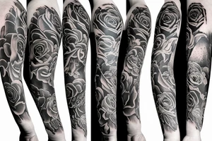 a forearm tattoo sleeve, including one crow, rose florals, and music tattoo idea