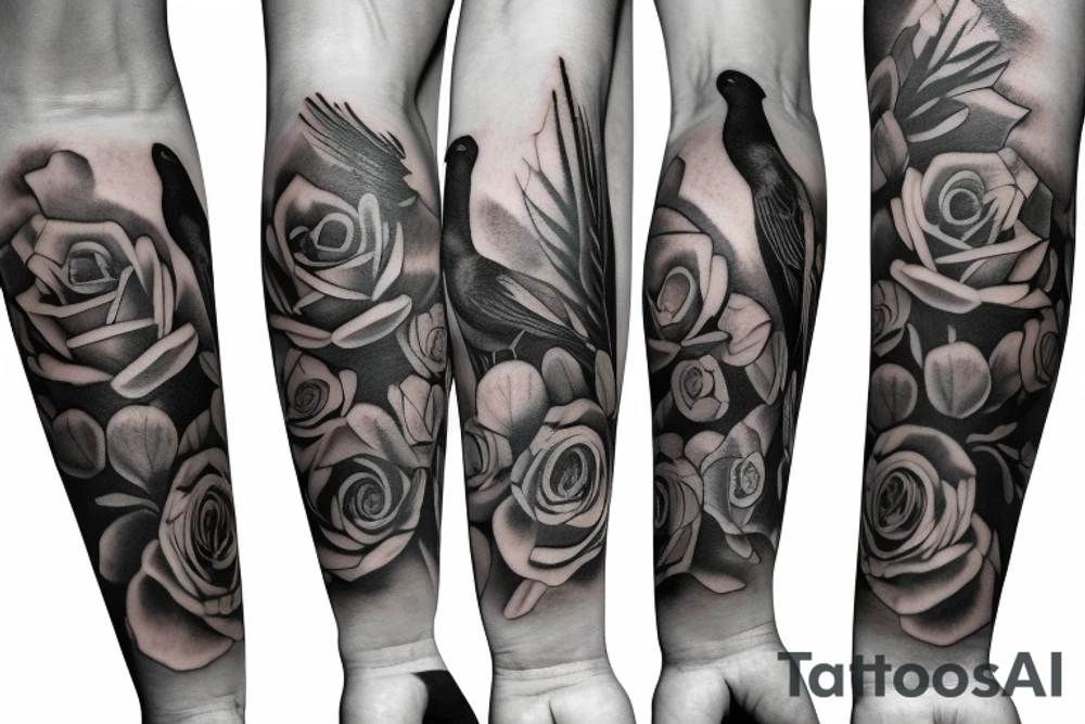 a forearm tattoo sleeve, including one crow, rose florals, and music tattoo idea