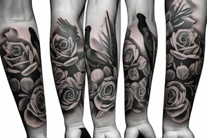 a forearm tattoo sleeve, including one crow, rose florals, and music tattoo idea