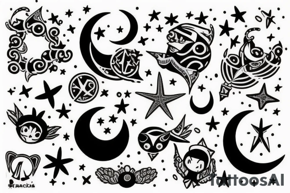Quiero un diseño de lazos en forma de enredaderas entrelazadas con estrellas, lunas y olas de mar
Que se extienda desde mí tobillo hasta mí rodilla tattoo idea