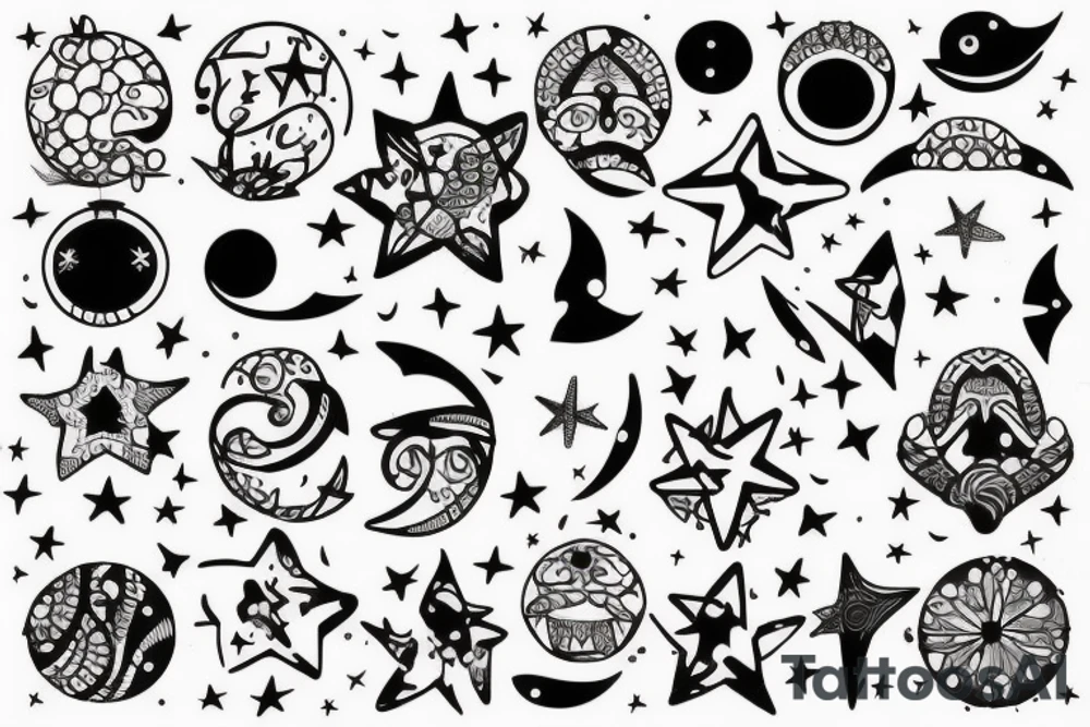 lazos en forma de enredaderas entrelazadas en posición vertical de 40 CM de largo con estrellas, lunas y olas de mar
Que se extienda desde mí tobillo hasta mí rodilla tattoo idea