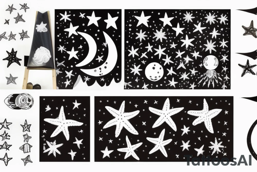 lazos en forma de enredaderas entrelazadas en posición vertical de 40 CM de largo con estrellas, lunas y olas de mar
Que se extienda desde mí tobillo hasta mí rodilla tattoo idea
