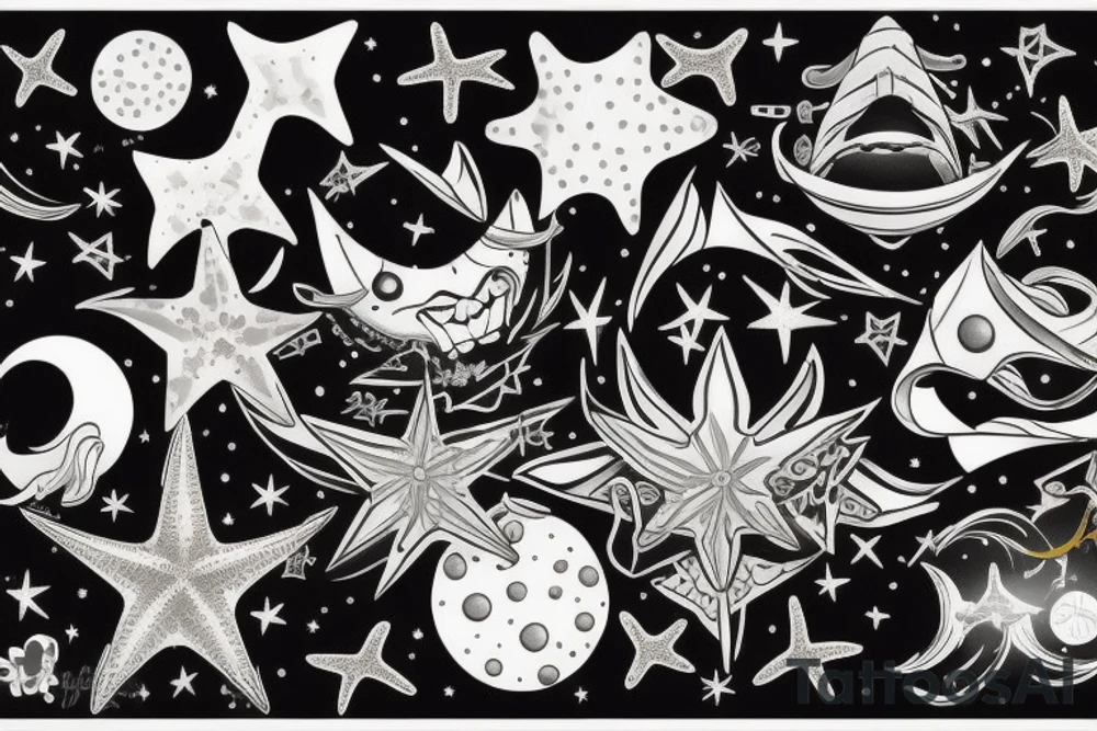 Cintas entrelazadas en posición vertical de 40 CM de largo con estrellas, lunas y olas de mar
Que se extienda desde mí tobillo hasta mí rodilla tattoo idea