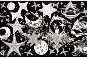 Cintas entrelazadas en posición vertical de 40 CM de largo con estrellas, lunas y olas de mar
Que se extienda desde mí tobillo hasta mí rodilla tattoo idea