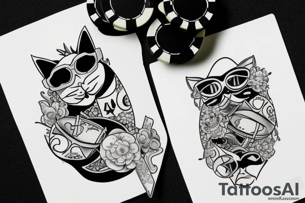 chat noir avec lunettes de soleil qui joue au poker et rigole tattoo idea