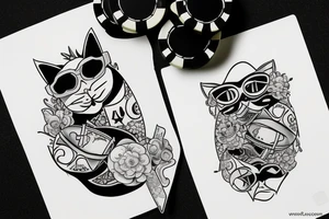 chat noir avec lunettes de soleil qui joue au poker et rigole tattoo idea