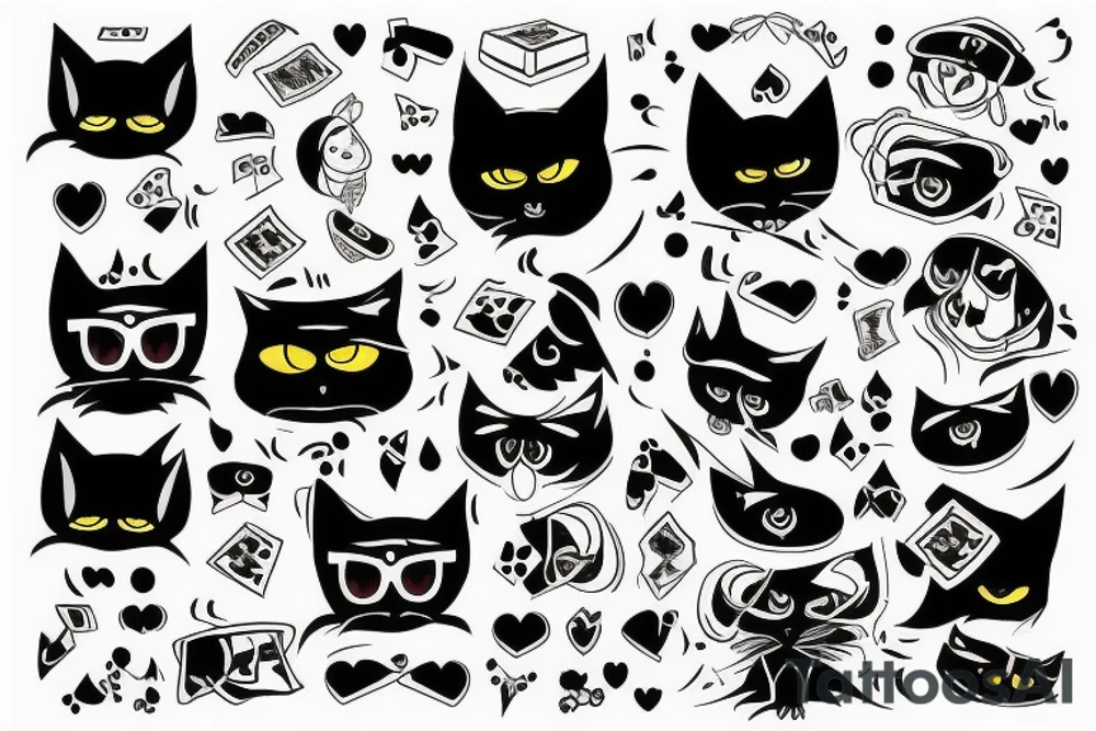 chat noir avec lunettes de soleil qui joue au poker et rigole tattoo idea