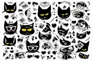 chat noir avec lunettes de soleil qui joue au poker et rigole tattoo idea