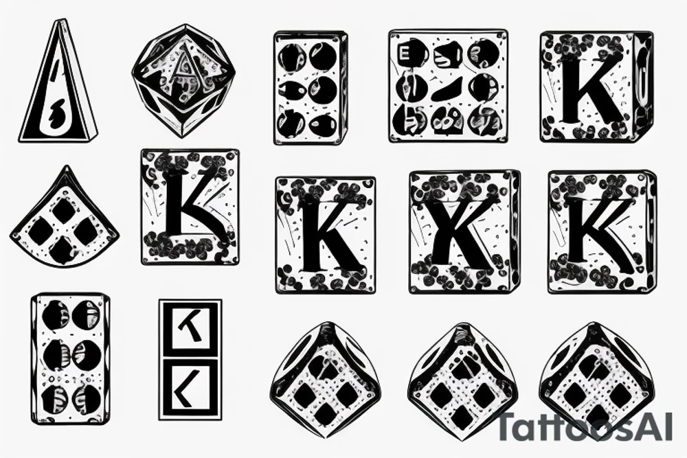 A dice showing three sides each showing the letters K, Y and M in braille alphabet tattoo idea