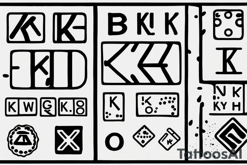 A dice showing three sides each showing the letters K, Y and M in braille alphabet tattoo idea