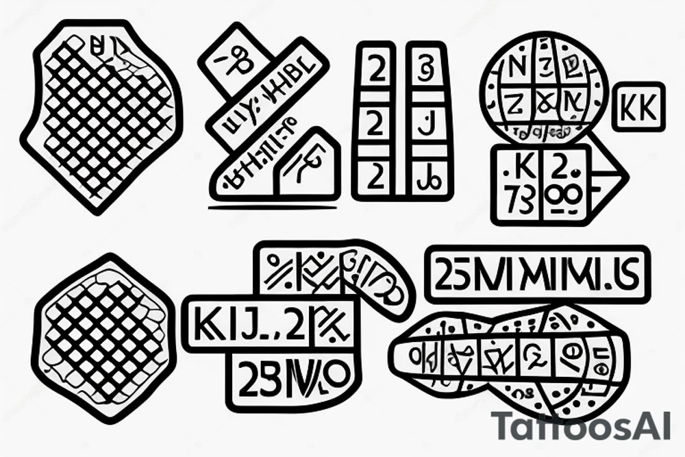 A dice with three sides each showing the letters K, Y and M in braille alphabet tattoo idea