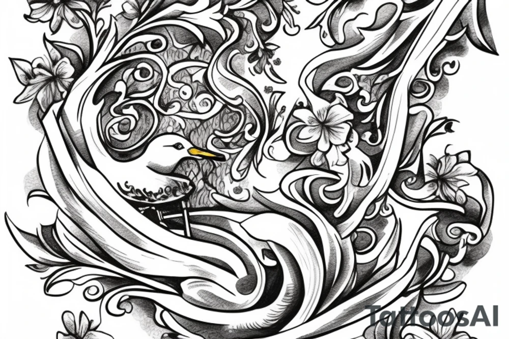 Seagull holding a scroll surrounded by violets tattoo idea