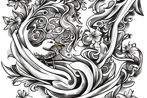 Seagull holding a scroll surrounded by violets tattoo idea