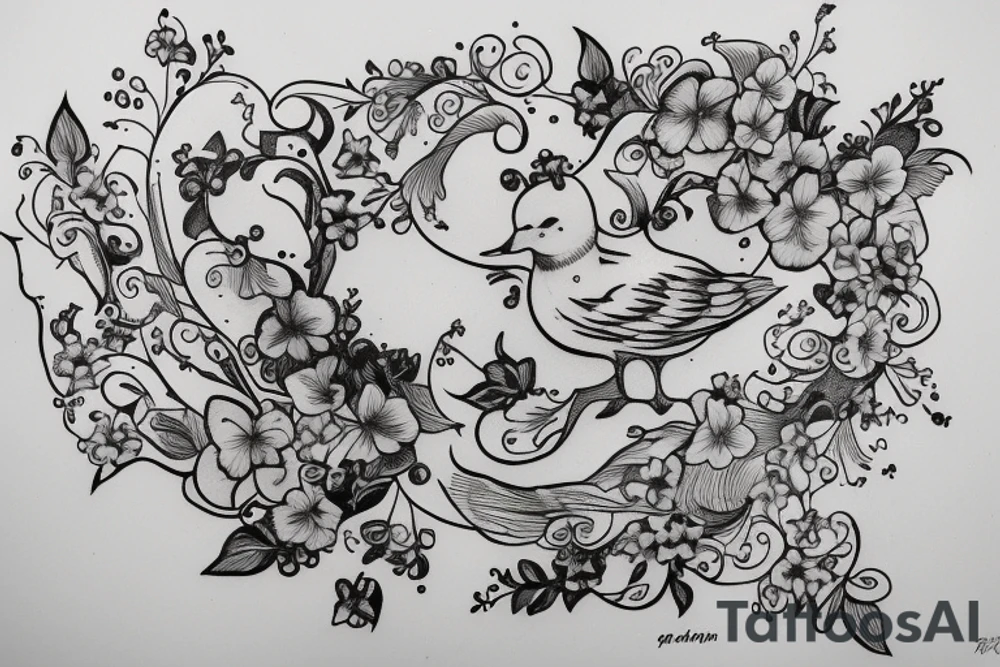 Seagull holding a scroll surrounded by violets tattoo idea
