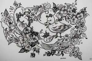Seagull holding a scroll surrounded by violets tattoo idea