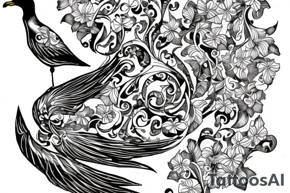 Seagull holding a ancient scroll surrounded by violets tattoo idea