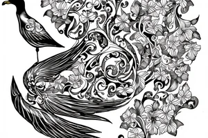 Seagull holding a ancient scroll surrounded by violets tattoo idea