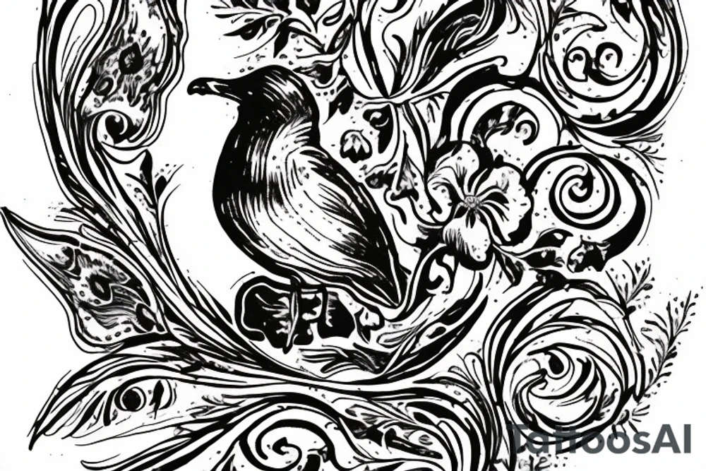 Seagull holding a ancient scroll surrounded by violets tattoo idea