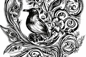 Seagull holding a ancient scroll surrounded by violets tattoo idea