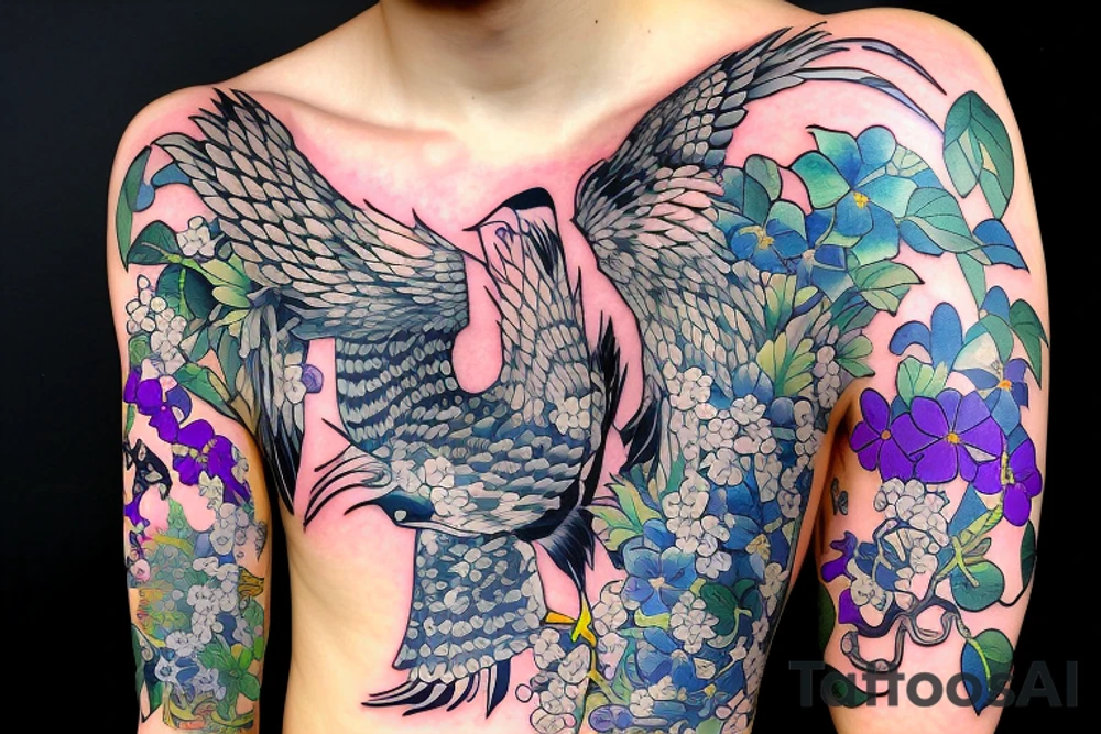 Seagull holding a Japanese scroll surrounded by violets tattoo idea