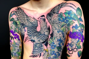 Seagull holding a Japanese scroll surrounded by violets tattoo idea