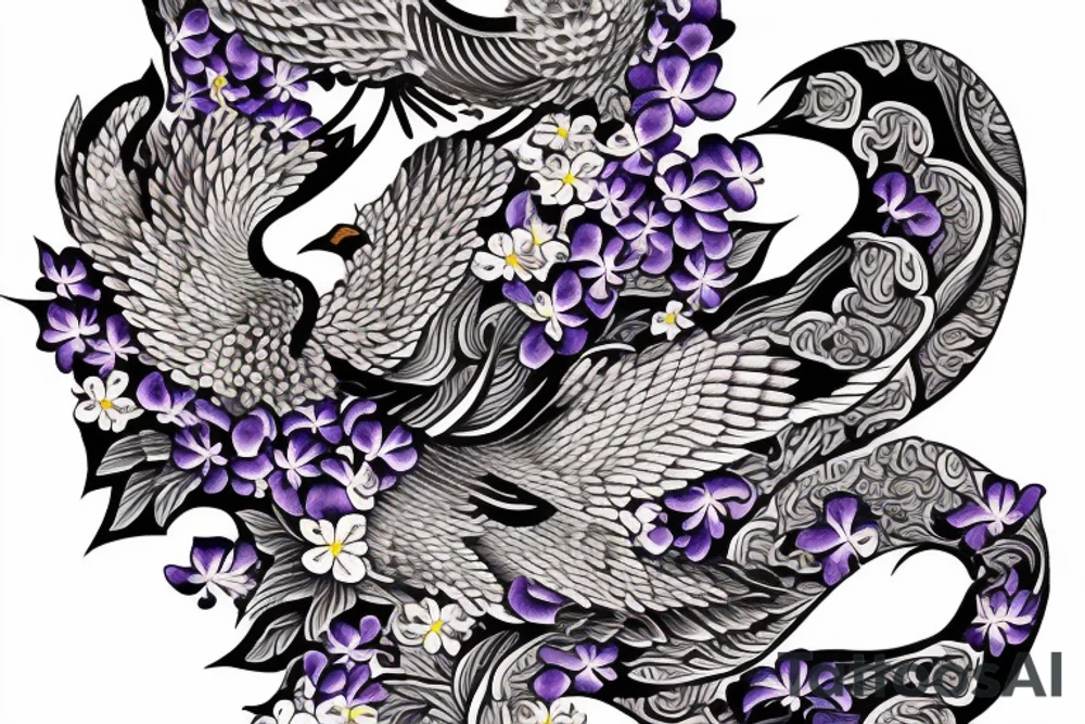 Seagull holding a Japanese scroll surrounded by violets tattoo idea