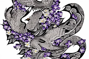 Seagull holding a Japanese scroll surrounded by violets tattoo idea