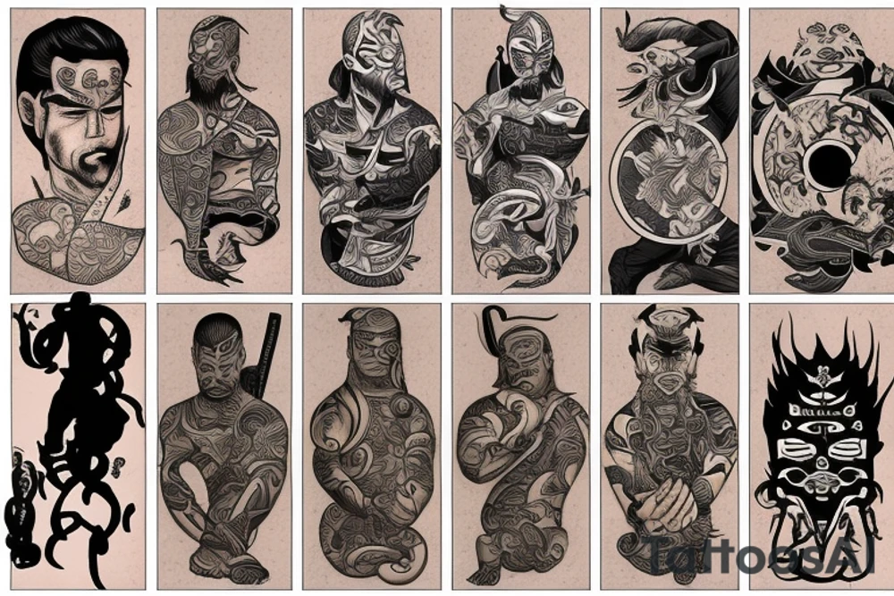 A combination of Brazilian jiu jitsu and Japanese samurai style tattoo idea