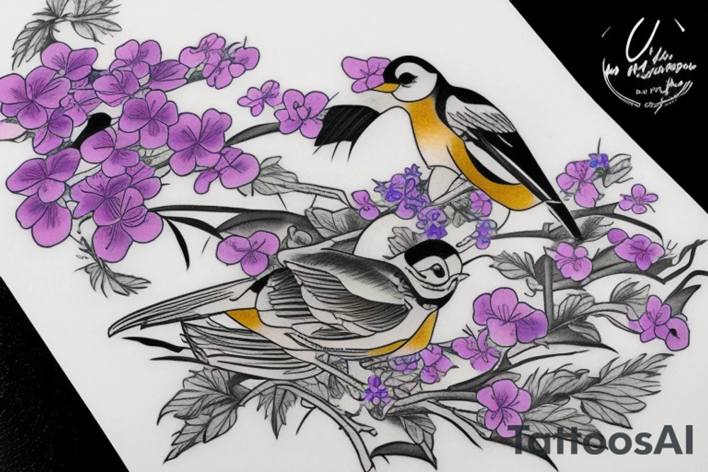 Bird holding a Japanese scroll surrounded by violets tattoo idea