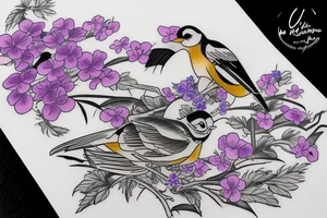 Bird holding a Japanese scroll surrounded by violets tattoo idea
