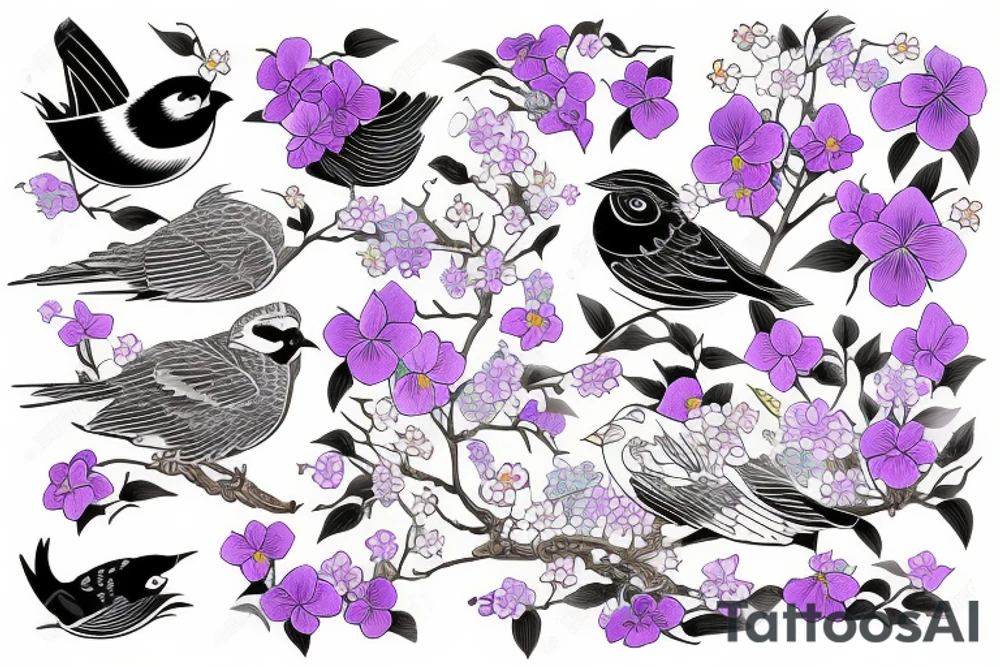 Bird holding a Japanese scroll surrounded by violets tattoo idea