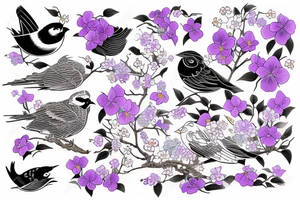 Bird holding a Japanese scroll surrounded by violets tattoo idea