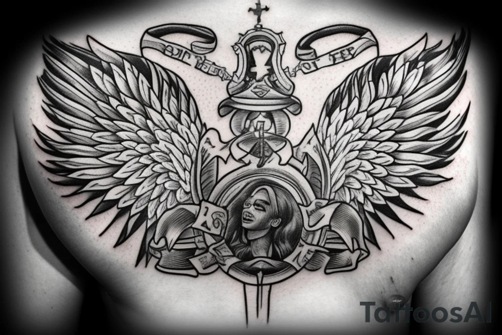 Crown and angel wings. Under corwn and between wings title "Born to be first" and under this title "since sep 18" tattoo idea