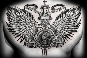 Crown and angel wings. Under corwn and between wings title "Born to be first" and under this title "since sep 18" tattoo idea