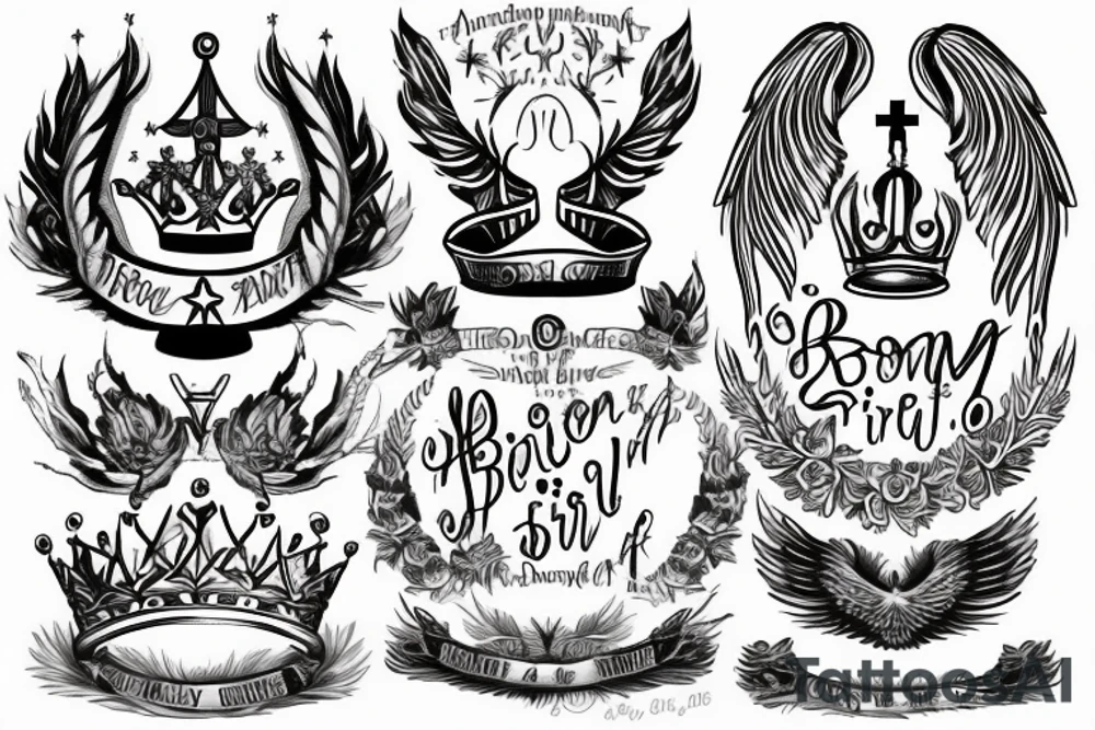 Crown and angel wings. Under corwn and between wings title "Born to be first" and under this title "since sep 18" tattoo idea