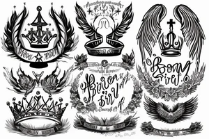 Crown and angel wings. Under corwn and between wings title "Born to be first" and under this title "since sep 18" tattoo idea