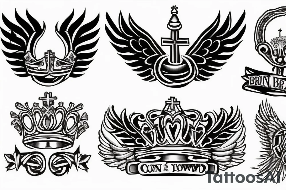 Crown and angel wings. Under corwn and between wings title "Born to be first" and under this title "since sep 18" tattoo idea