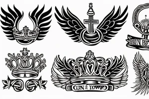 Crown and angel wings. Under corwn and between wings title "Born to be first" and under this title "since sep 18" tattoo idea
